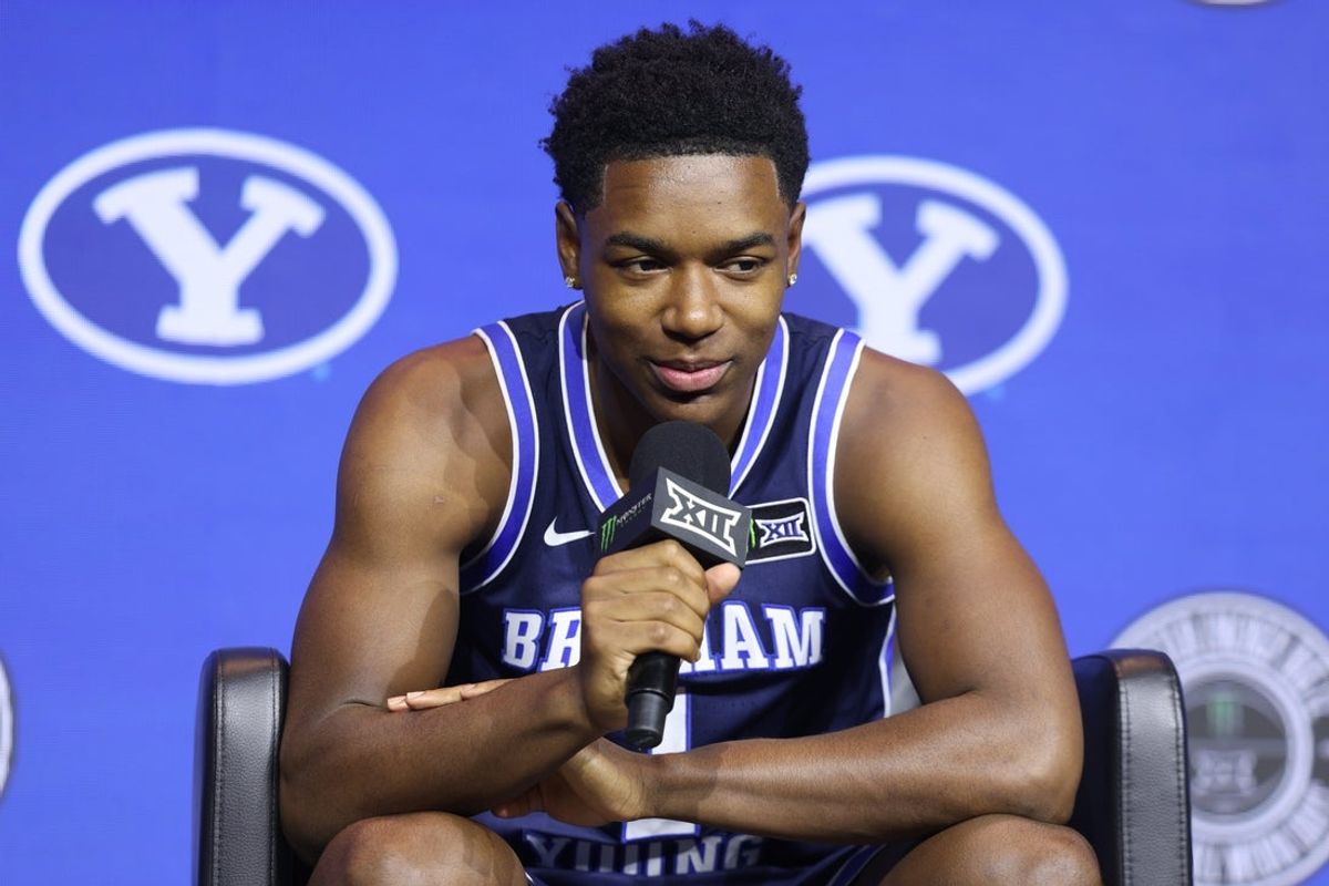 Oct 21, 2026; Kansas City, MO, USA;  BYU player Robert Wright III is interviewed during the big 12 Media Days at T-Mobile Center.  Mandatory Credit: William Purnell-Imagn Images