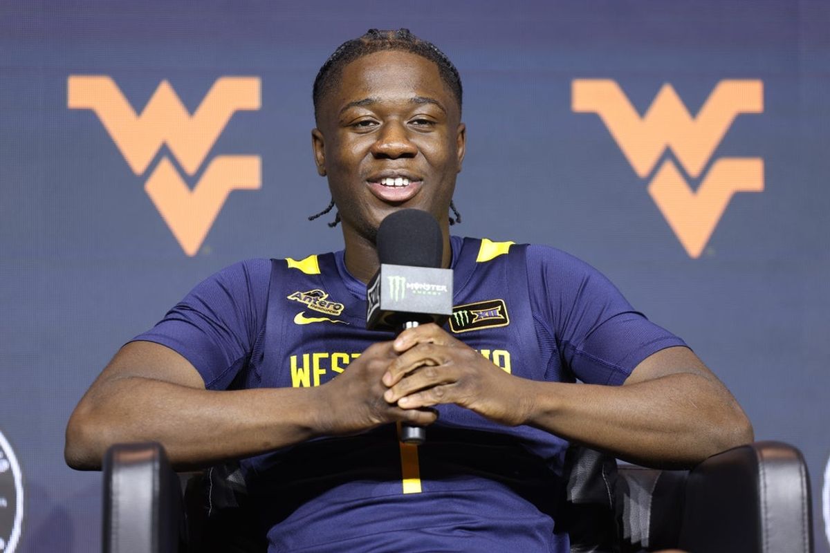 Oct 21, 2026; Kansas City, MO, USA;  West Virginia player Miles Sadler is interviewed during the big 12 Media Days at T-Mobile Center.  Mandatory Credit: William Purnell-Imagn Images