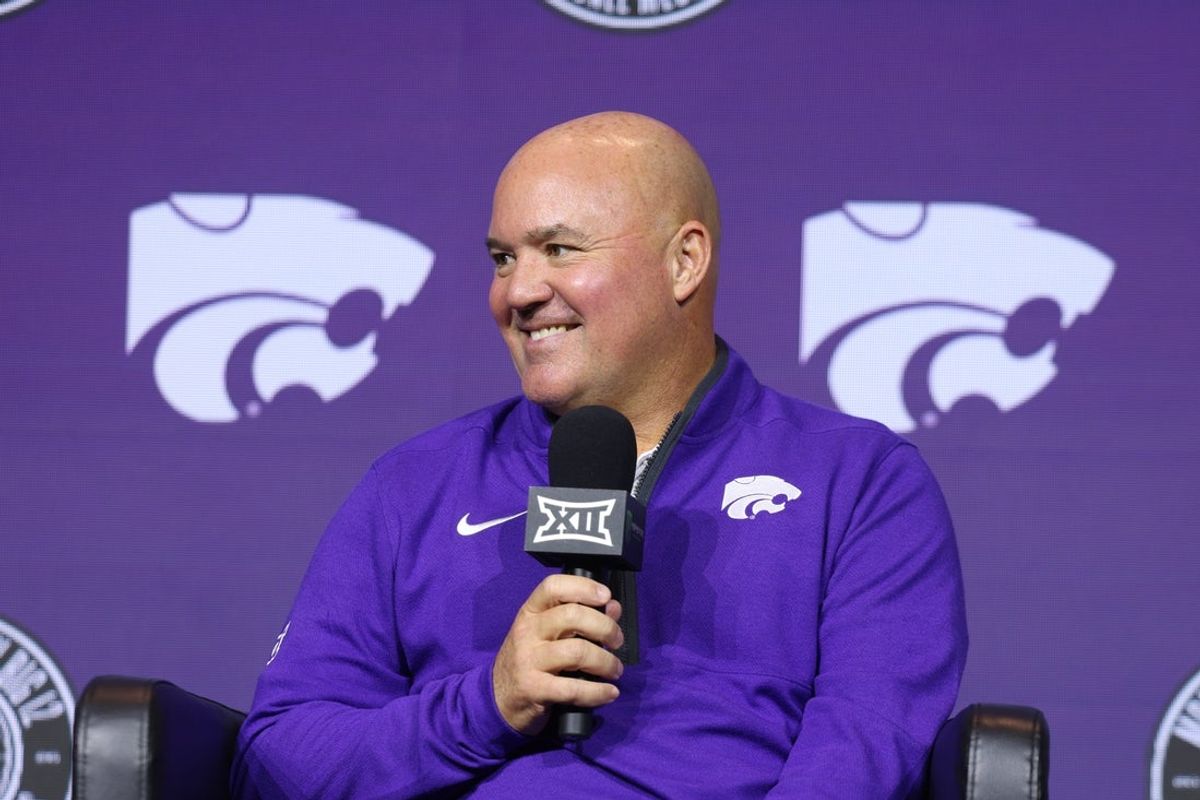 Oct 21, 2026; Kansas City, MO, USA;  Kansas State coach Casey Alexander is interviewed during the big 12 Media Days at T-Mobile Center.  Mandatory Credit: William Purnell-Imagn Images