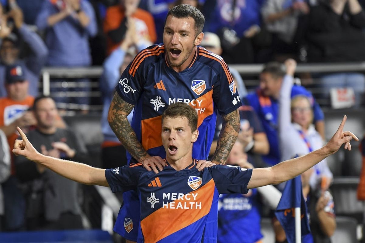 Oct 21, 2026; Cincinnati, Ohio, USA;  FC Cincinnati midfielder David Doudera (23) celebrates with defender Kyle Smith (24) after scoring a goal against D.C. United during the first half at TQL Stadium.  Mandatory Credit: Tanner Pearson-Imagn Images
