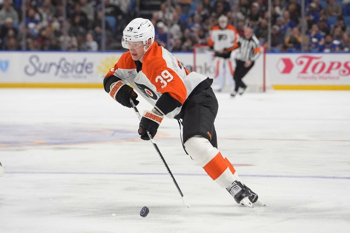 Oct 21, 2026; Buffalo, New York, USA;  Philadelphia Flyers right wing Matvei Michkov (39) skates with the puck against the Buffalo Sabres during the first period at KeyBank Center.  Mandatory Credit: Gregory Fisher-Imagn Images