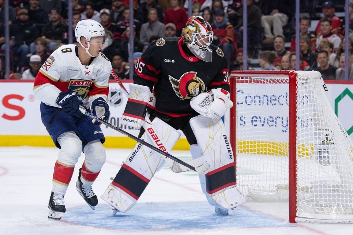 Oct 21, 2026; Ottawa, Ontario, CAN;  Florida Panthers left wing Brady Tkachuk (8) and Ottawa Senators goalie Linus Ullmark (35) follow the puck in the second period at the Canadian Tire Centre.  Mandatory Credit: Marc DesRosiers-Imagn