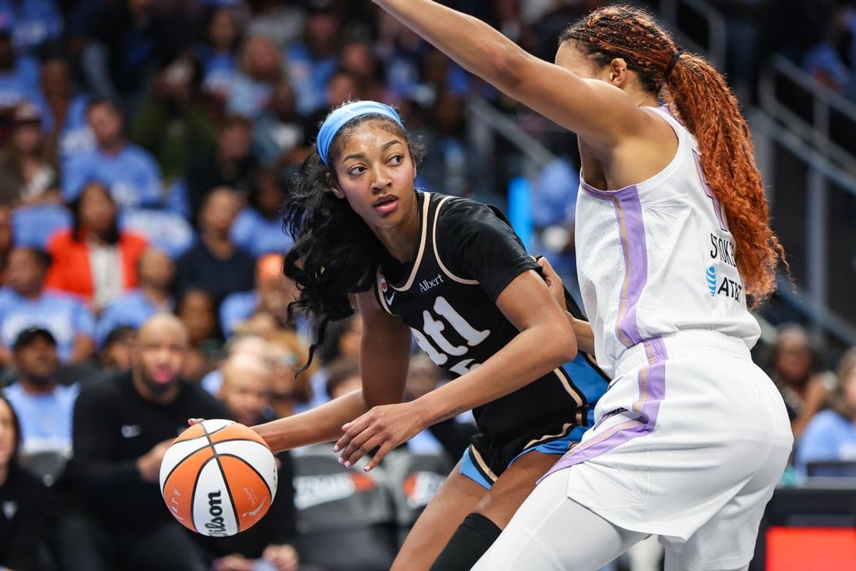 Oct 21, 2026; Atlanta, Georgia, USA; Atlanta Dream forward Angel Reese (5) is defended by Golden State Valkyries center Kiah Stokes (41) in the first quarter during game three of the 2026 WNBA Finals at State Farm Arena. Mandatory Credit: Brett Davis-Imagn Images
