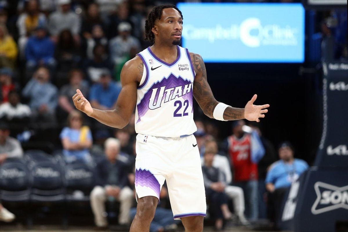Oct 21, 2026; Memphis, Tennessee, USA;  Utah Jazz guard Darryn Peterson (22) reacts during the third quarter against the Memphis Grizzlies at FedExForum.  Mandatory Credit: Petre Thomas-Imagn Images