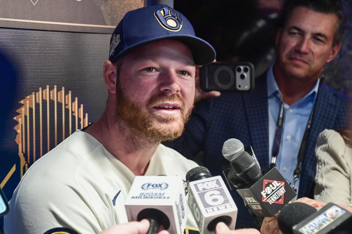 Oct 22, 2026; Milwaukee, WI, USA;  Milwaukee Brewers starting pitcher Brandon Woodruff (53) speaks during a workout session before the 2026 World Series.  Mandatory Credit: Benny Sieu-Imagn Images