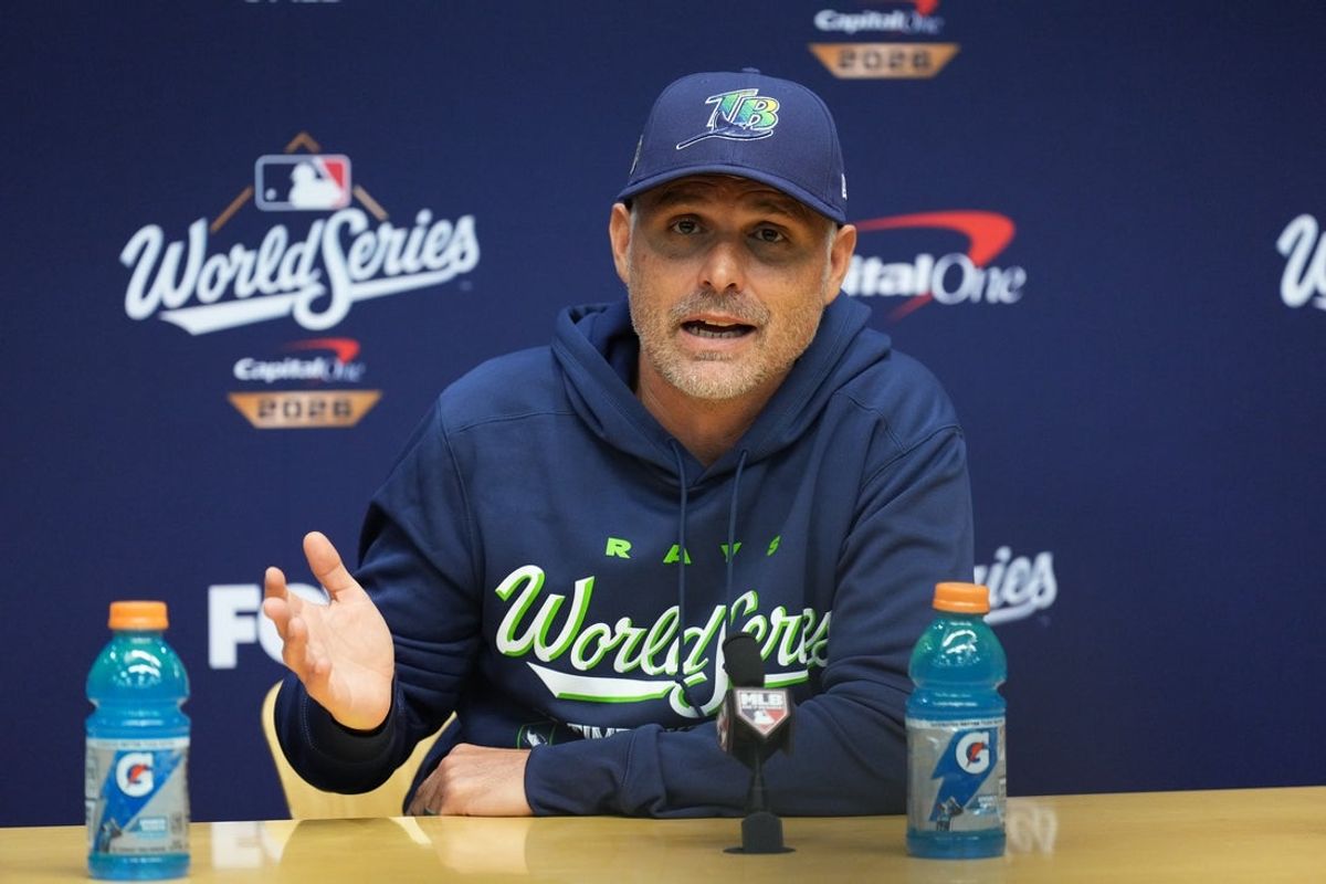 Tampa Bay Rays manager Kevin Cash speaks during a press conference during a workout session before the 2026 World Series.