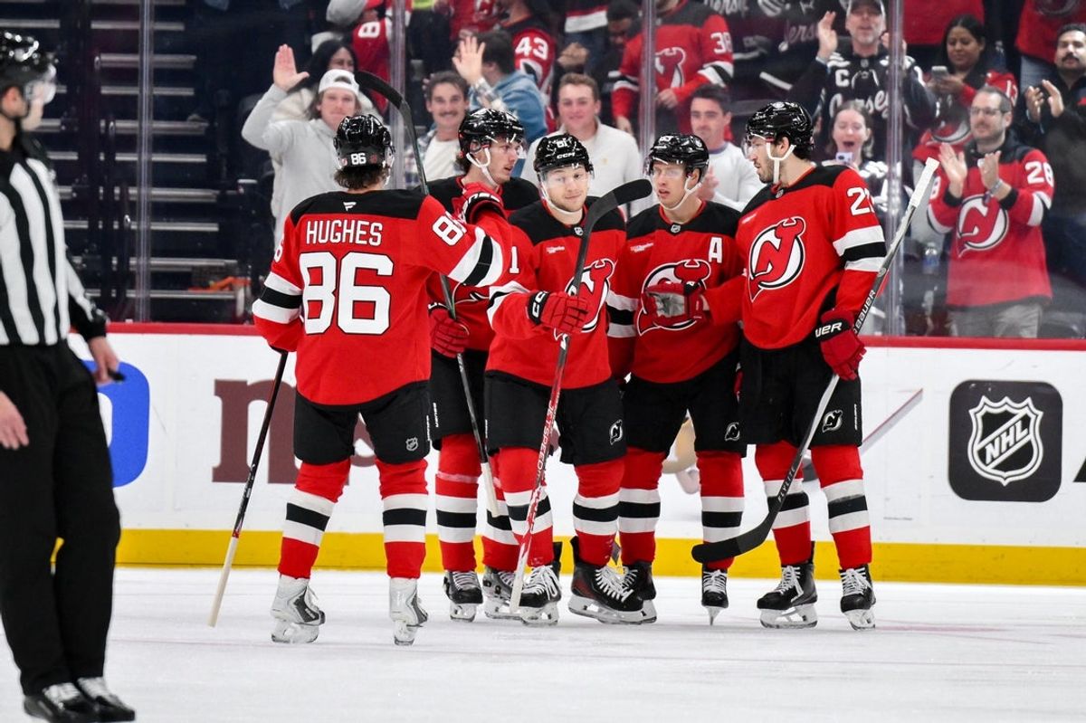 Oct 22, 2026; Newark, New Jersey, USA;  New Jersey Devils right wing Arseny Gritsyuk (81) celebrates with teammates after scoring a goal against the Anaheim Ducks during the first half at Prudential Center.  Mandatory Credit: John Jones-Imagn Images