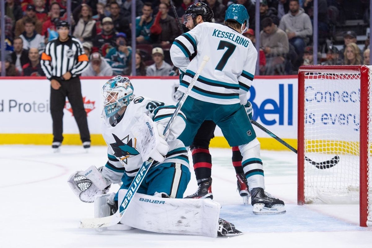 Oct 22, 2026; Ottawa, Ontario, CAN;  San Jose Sharks goalie Yaroslav Askarov (30) follows the puck in the first period against the Ottawa Senators at the Canadian Tire Centre.  Mandatory Credit: Marc DesRosiers-Imagn