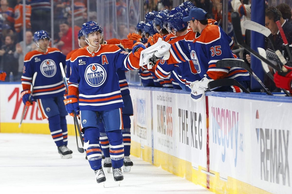 Oct 22, 2026; Edmonton, Alberta, CAN;  .The Edmonton Oilers celebrate a goal scored by forward Ryan Nugent-Hopkins (93) during the second period against the Carolina Hurricanes at Rogers Place.  Mandatory Credit: Perry Nelson-Imagn Images