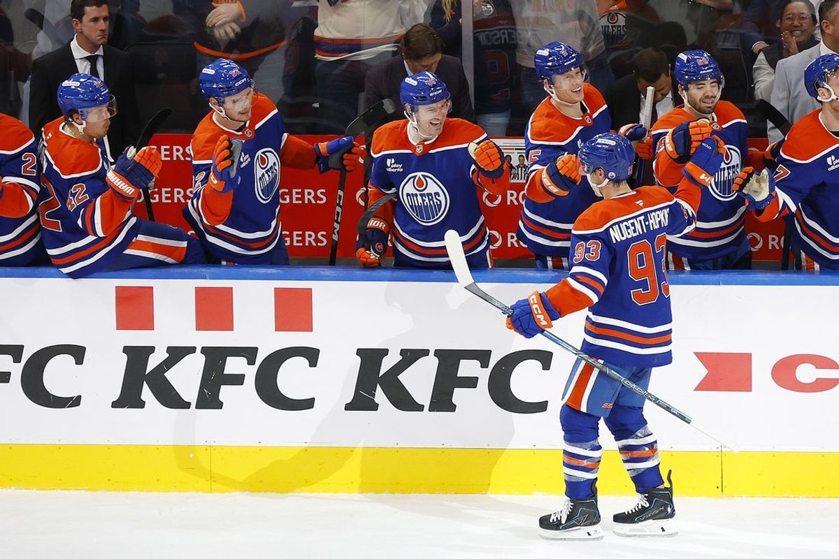 Oct 22, 2026; Edmonton, Alberta, CAN;  Edmonton Oilers forward Ryan Nugent-Hopkins (93) celebrates after scoring a goal against the Carolina Hurricanes during the shoot-out at Rogers Place.  Mandatory Credit: Perry Nelson-Imagn Images