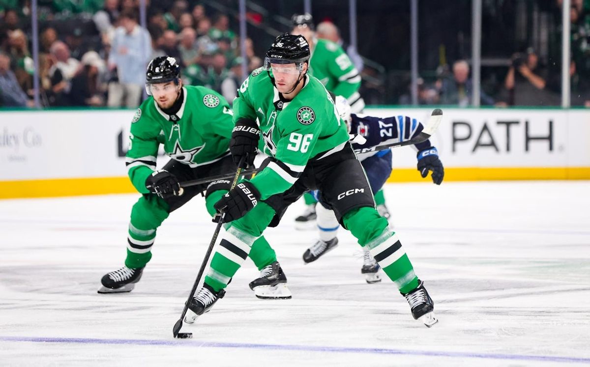 Dallas Stars right wing Mikko Rantanen (96) in action during the game against the Winnipeg Jets at American Airlines Center.