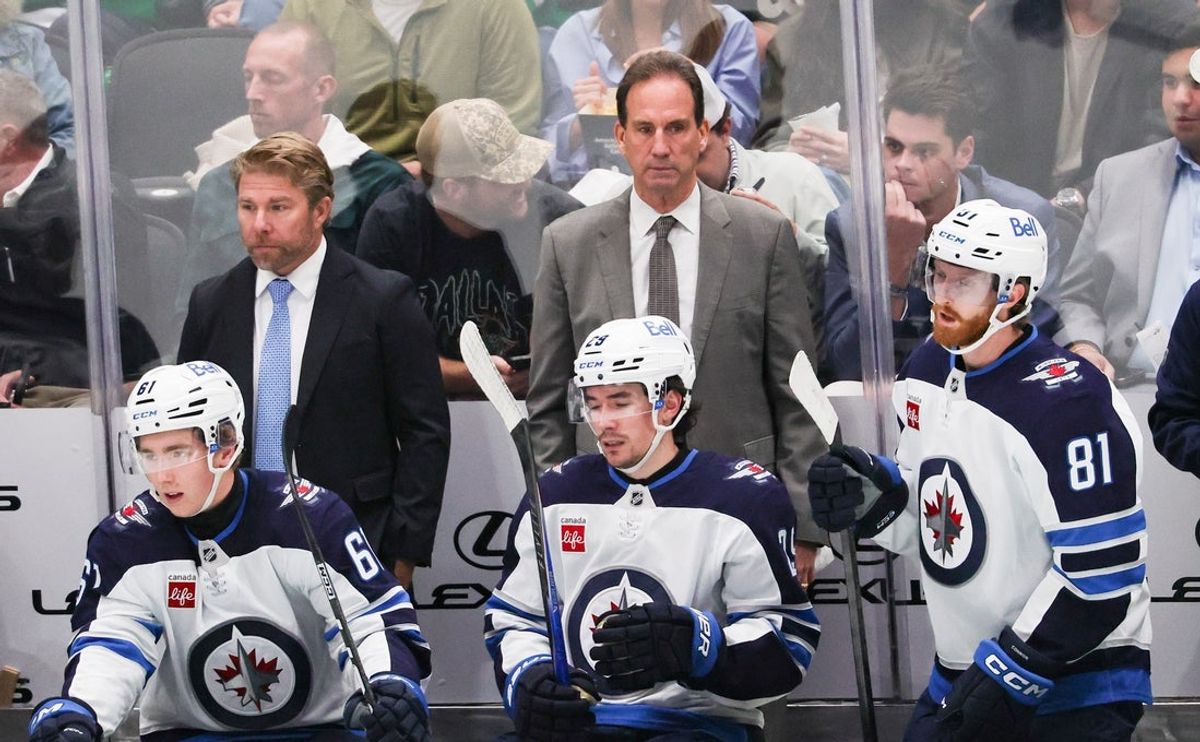 Oct 22, 2026; Dallas, Texas, USA; Winnipeg Jets head coach Scott Arniel looks on during the game against the Dallas Stars at American Airlines Center. Mandatory Credit: Kevin Jairaj-Imagn Images