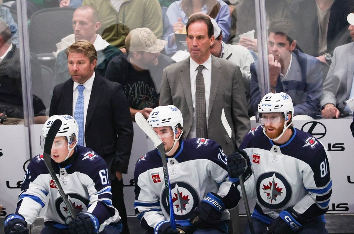 Oct 22, 2026; Dallas, Texas, USA; Winnipeg Jets head coach Scott Arniel looks on during the game against the Dallas Stars at American Airlines Center. Mandatory Credit: Kevin Jairaj-Imagn Images