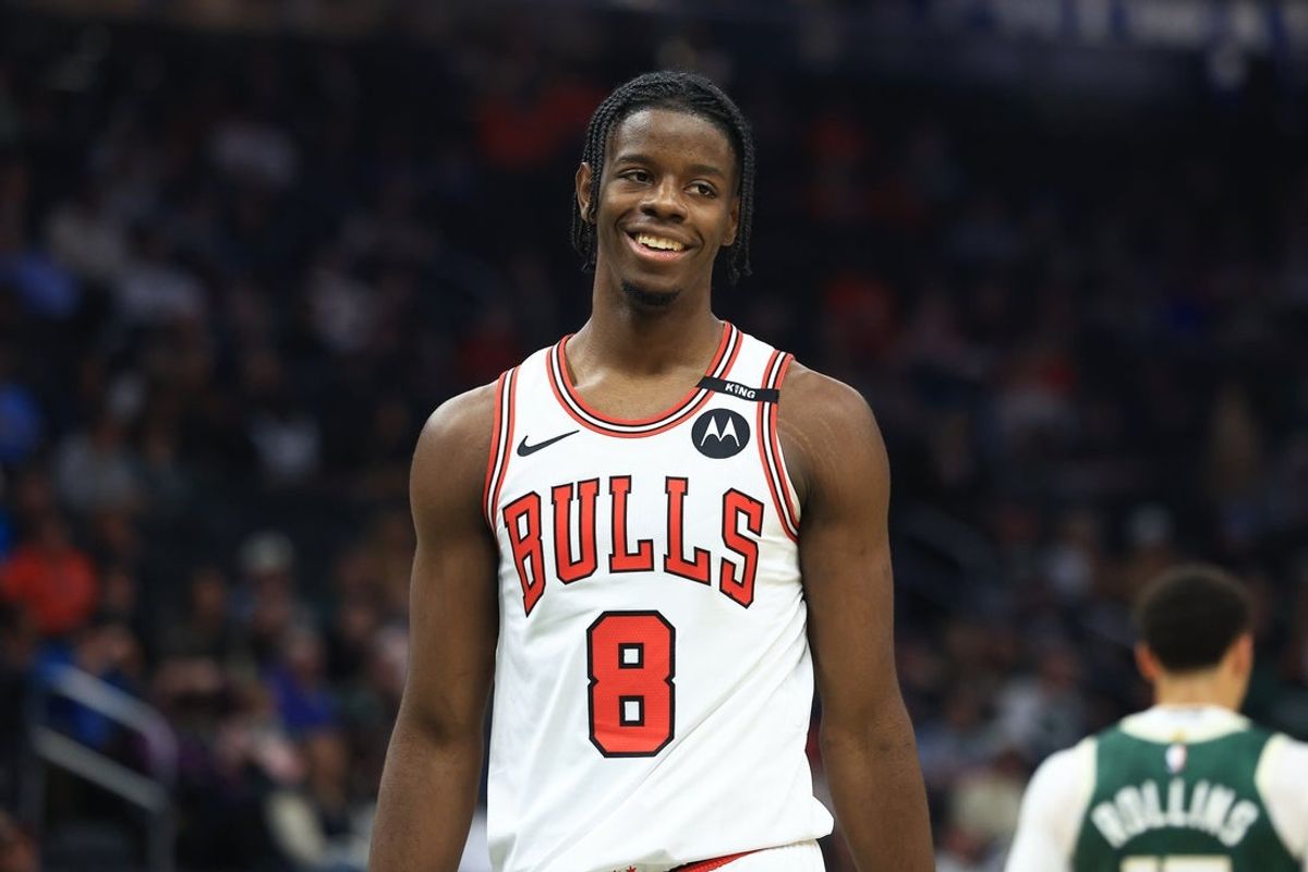 Oct 23, 2026; Milwaukee, WI, USA;  Chicago Bulls forward Caleb Wilson (8) smiles after committing a foul against the Milwaukee Bucks during the second quarter at Fiserv Forum.  Mandatory Credit: Brad Repplinger-Imagn Images