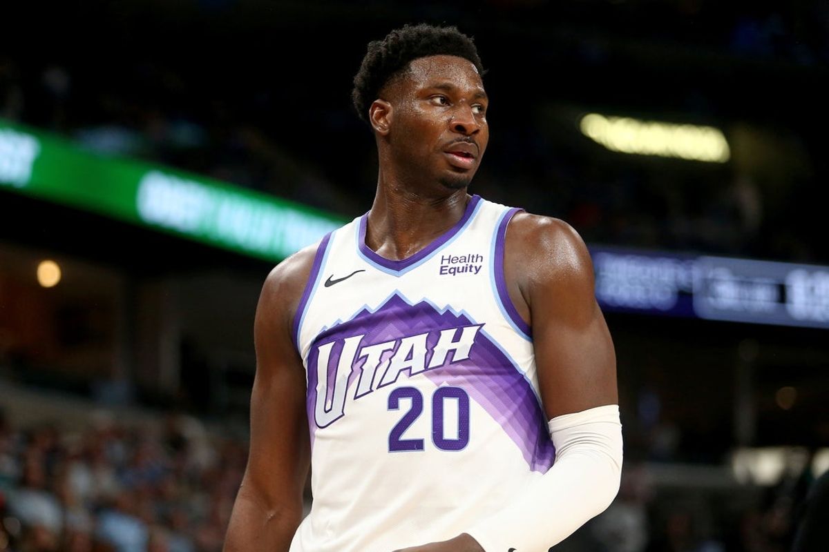 Oct 21, 2026; Memphis, Tennessee, USA; Utah Jazz forward Jaren Jackson Jr. (20) looks on during the third quarter against the Memphis Grizzlies at FedExForum. Mandatory Credit: Petre Thomas-Imagn Images