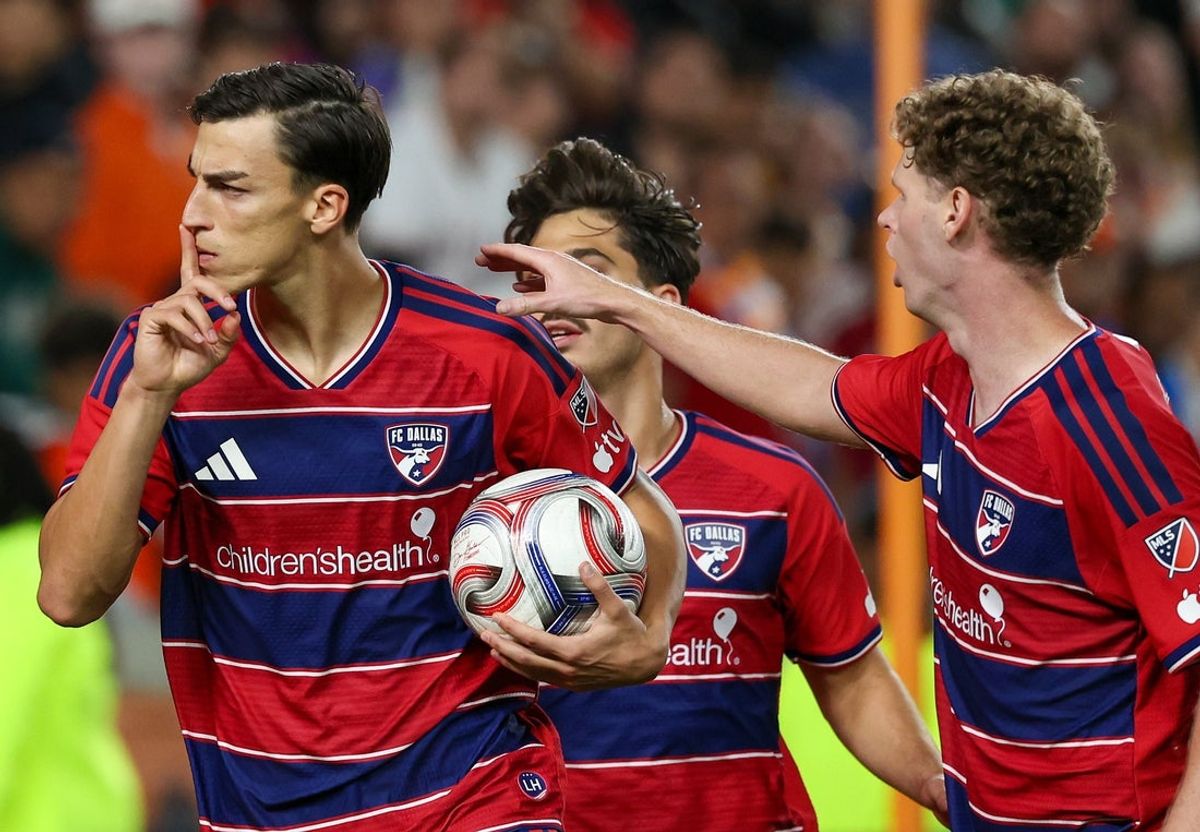 Oct 17, 2026; Houston, Texas, USA; FC Dallas forward Petar Musa (9) celebrates his penalty kick goal against the Houston Dynamo FC  in the second half at Shell Energy Stadium. Mandatory Credit: Thomas Shea-Imagn Images