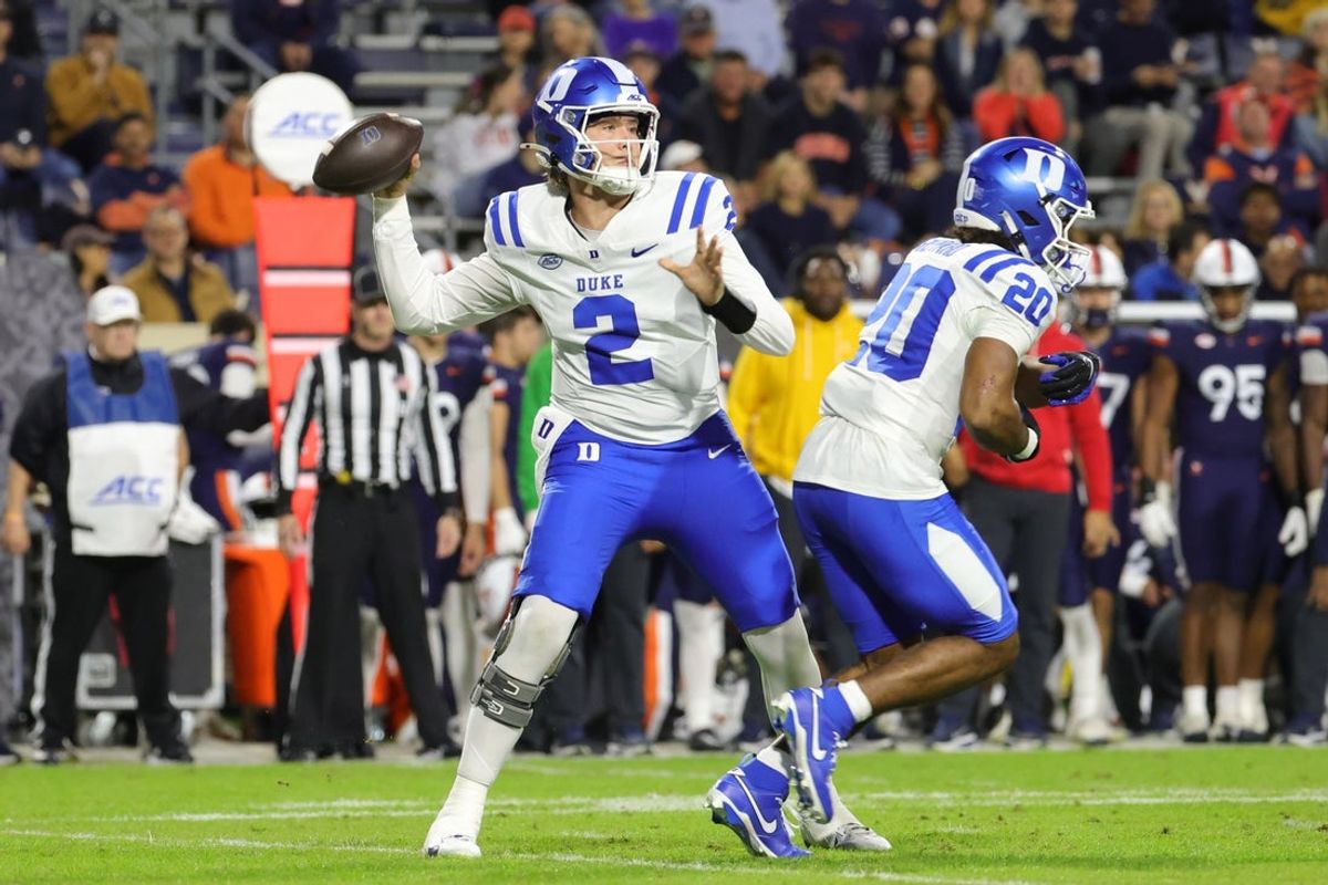 Oct 23, 2026; Charlottesville, Virginia, USA; Duke Blue Devils quarterback Walker Eget (2) throws the ball against the Virginia Cavaliers during the first half at Scott Stadium. Mandatory Credit: Amber Searls-Imagn Images