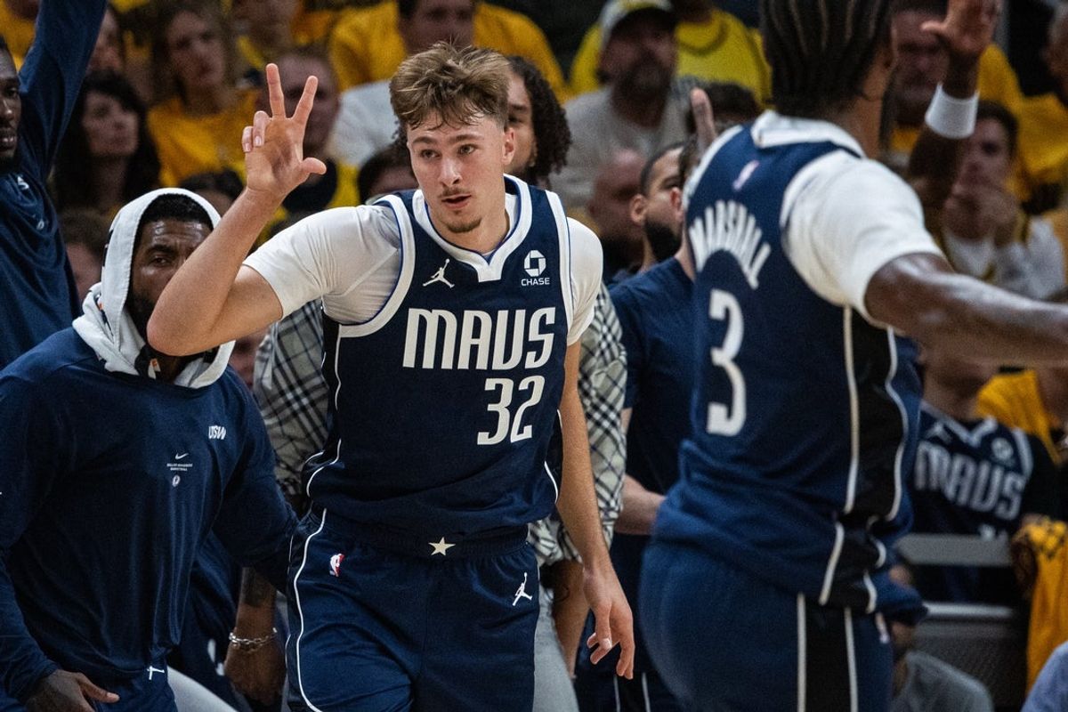 Dallas Mavericks forward Cooper Flagg (32) celebrates a made shot in the first half against the Indiana Pacers at Gainbridge Fieldhouse.
