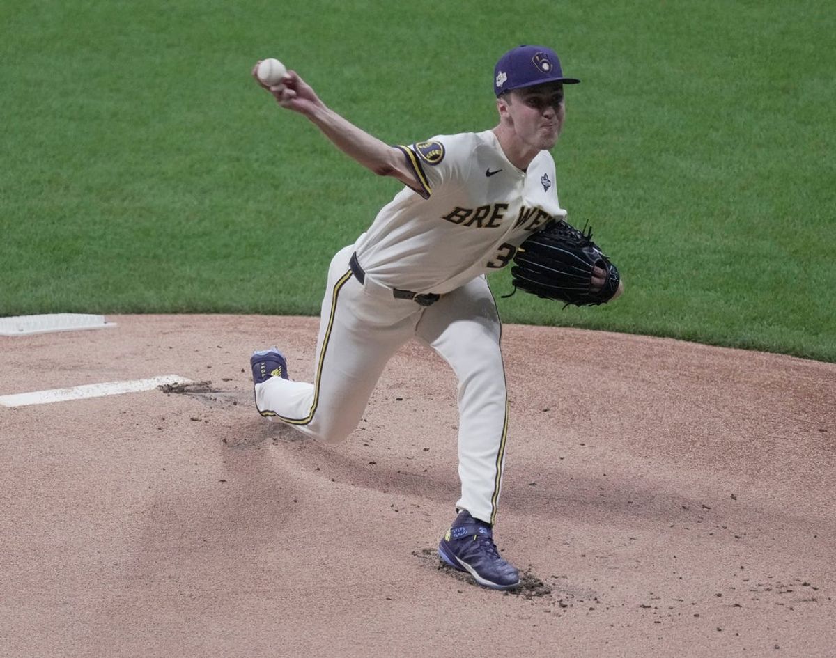 Milwaukee Brewers pitcher Jacob Misiorowski (32) throws during the first inning during Game 1 of the World Series against the Tampa Bay Rays at American Family Field on Oct 23, 2026.