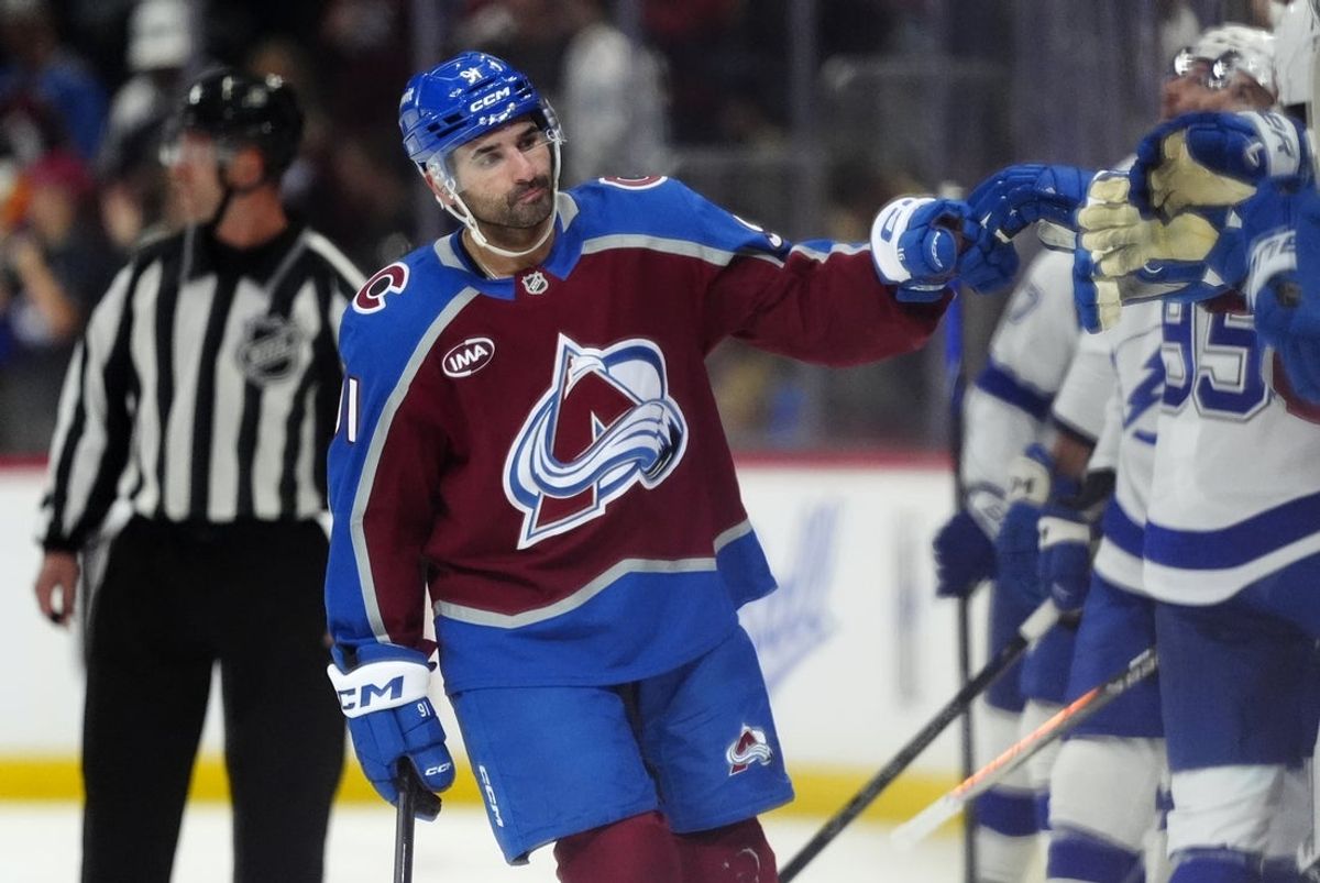 Oct 23, 2026; Denver, Colorado, USA;  Colorado Avalanche center Nazem Kadri (91) celebrates scoring a goal in the first period against the Tampa Bay Lightning at Ball Arena.  Mandatory Credit: Ron Chenoy-Imagn Images