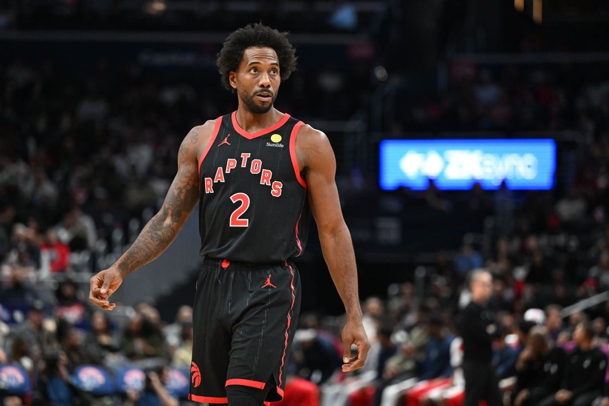 Oct 23, 2026; Washington, District of Columbia, USA; Toronto Raptors forward Kawhi Leonard (2) on the court against the Washington Wizards during the second half at Capital One Arena. Mandatory Credit: Brad Mills-Imagn Images