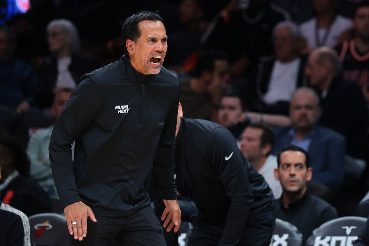 Oct 23, 2026; Miami, Florida, USA; Miami Heat head coach Erik Spoelstra reacts against the Detroit Pistons during the third quarter at Kaseya Center. Mandatory Credit: Sam Navarro-Imagn Images