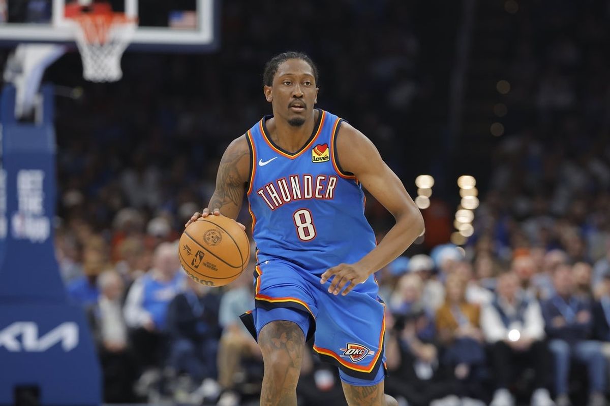 Oct 22, 2026; Oklahoma City, Oklahoma, USA; Oklahoma City Thunder guard Jalen Williams (8) dribbles the ball down the court against the Denver Nuggets during the first half at Paycom Center. Mandatory Credit: Alonzo Adams-Imagn Images