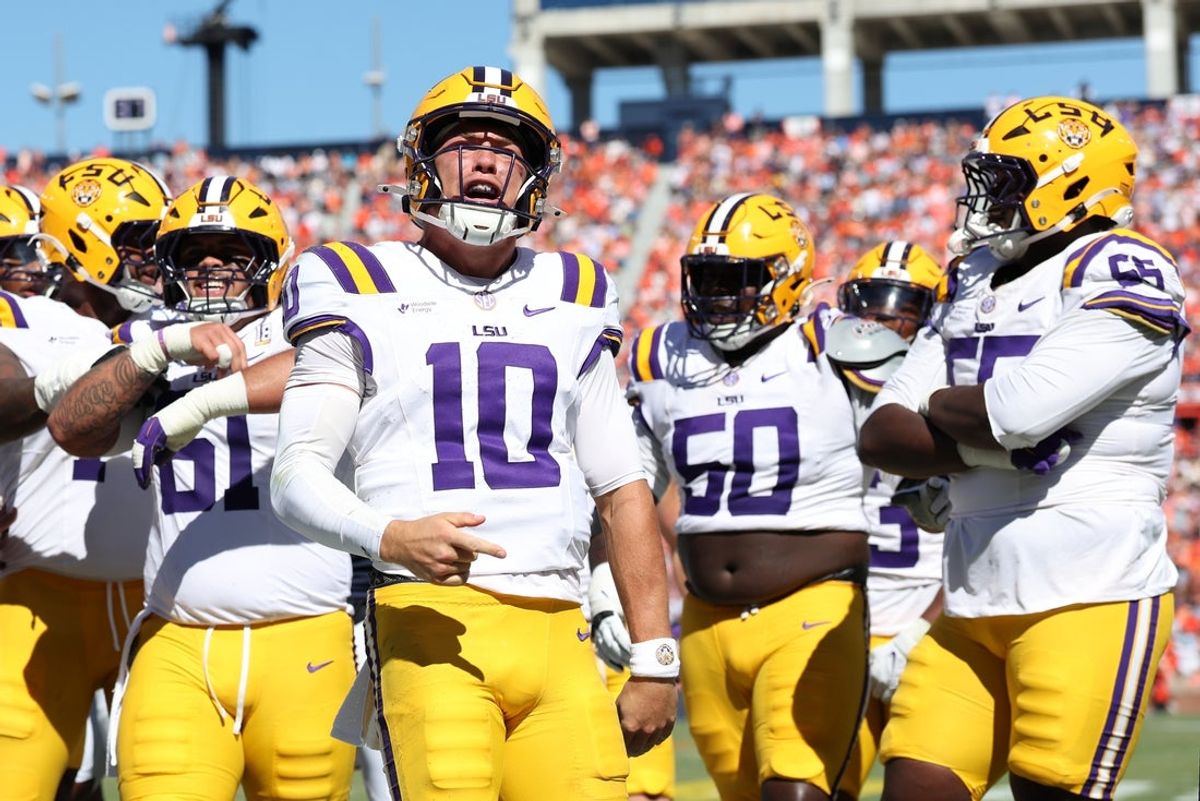 Oct 24, 2026; Auburn, Alabama, USA;  LSU Tigers quarterback Sam Leavitt (10) reacts after scoring a touchdown during the second quarter against the Auburn Tigers at Jordan-Hare Stadium.  Mandatory Credit: John Reed-Imagn Images