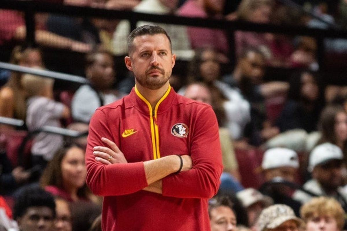 Florida State Seminoles head coach Luke Loucks watches from the sideline. The Florida State Seminoles lead the LSU Tigers 38-31 at the half of an exhibition game held in the Tucker Civic Center on Saturday, Oct. 24, 2026.