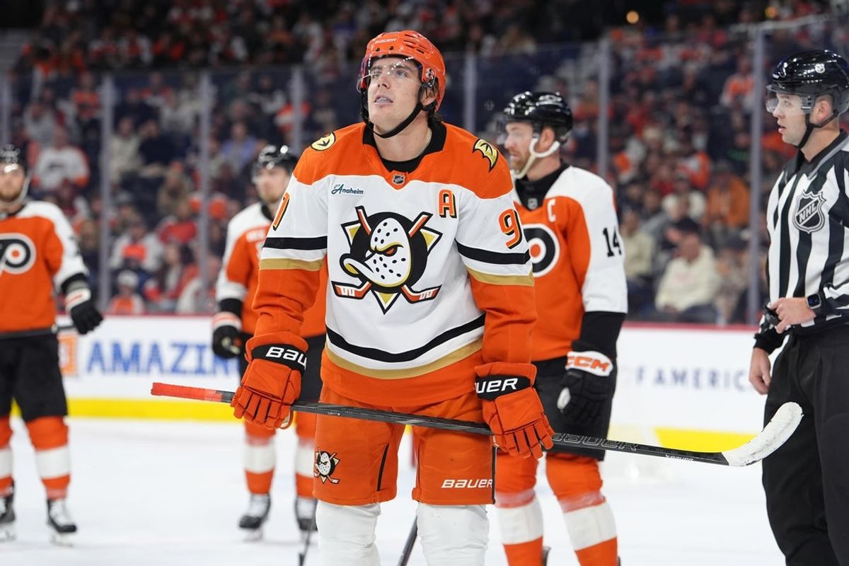 Oct 24, 2026; Philadelphia, Pennsylvania, USA; Anaheim Ducks center Leo Carlsson (91) reacts against the Philadelphia Flyers in the first period at Xfinity Mobile Arena. Mandatory Credit: Kyle Ross-Imagn Images