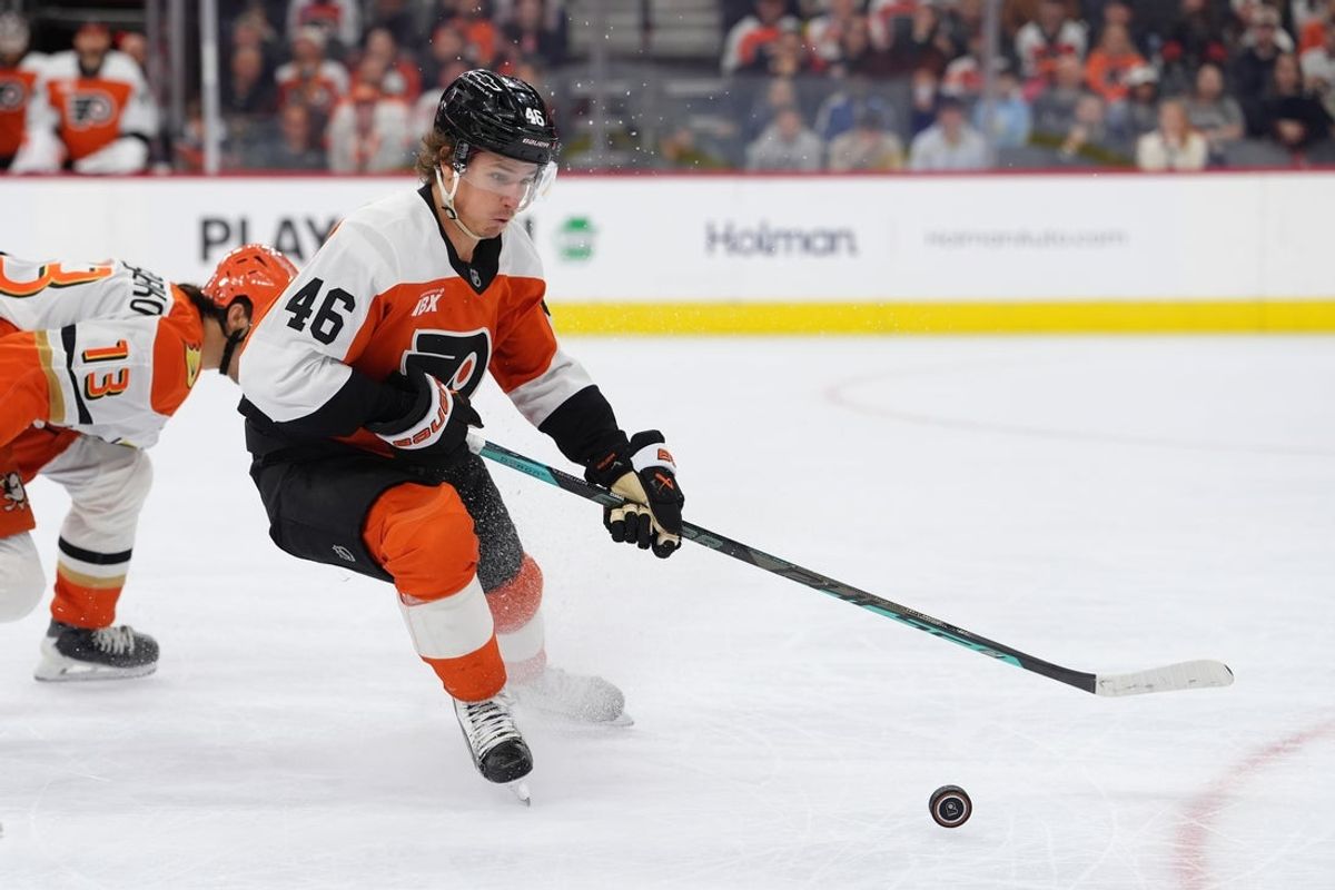 Oct 24, 2026; Philadelphia, Pennsylvania, USA; Philadelphia Flyers center Trevor Zegras (46) controls the puck against the Anaheim Ducks in the third period at Xfinity Mobile Arena. Mandatory Credit: Kyle Ross-Imagn Images