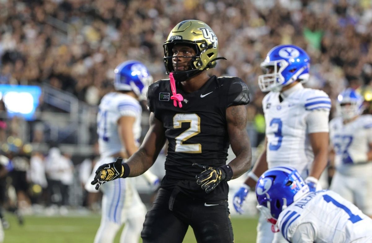 Oct 24, 2026; Orlando, Florida, USA;  Central Florida Knights wide receiver Tyren Hornes (2) reacts after a catch against the Brigham Young Cougars during the fourth quarter at Acrisure Bounce House.  Mandatory Credit: Mike Watters-Imagn Images
