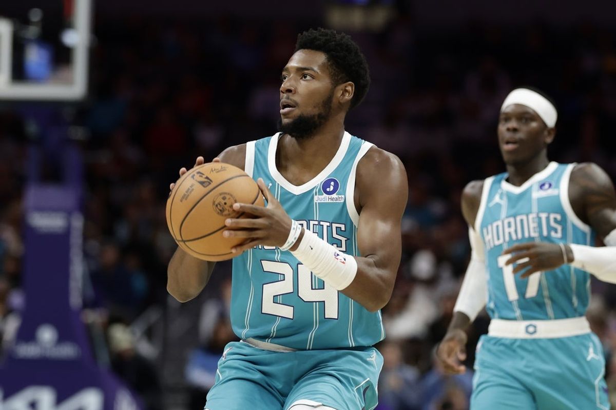 Oct 24, 2026; Charlotte, North Carolina, USA;  Charlotte Hornets forward Brandon Miller (24) prepares to attempt a jump shot during the first quarter against the Miami Heat at Spectrum Center.  Mandatory Credit: Brian Westerholt-Imagn Images
