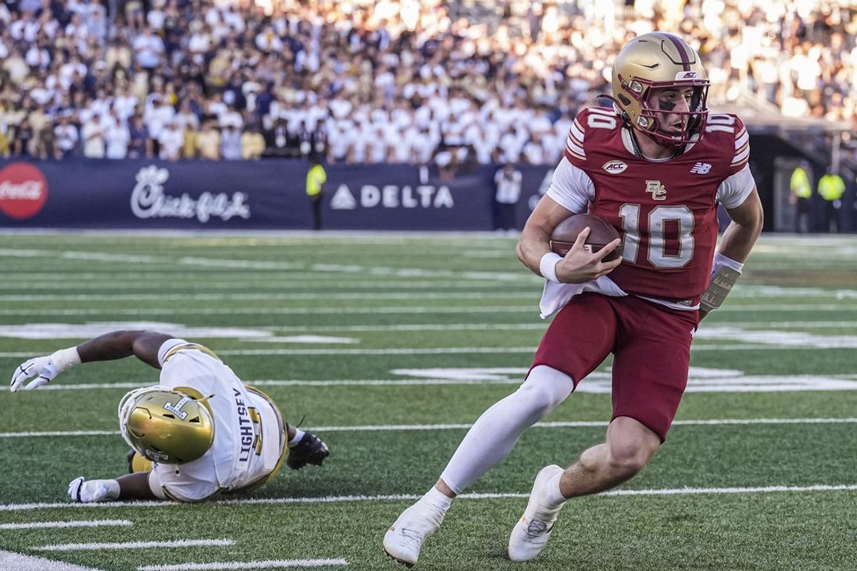 Oct 24, 2026; Atlanta, Georgia, USA; Boston College Eagles quarterback Mason McKenzie (10) runs against the Georgia Tech Yellow Jackets at Bobby Dodd Stadium at Hyundai Field. Mandatory Credit: Dale Zanine-Imagn Images