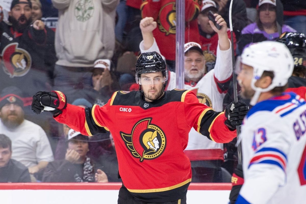 Oct 24, 2026; Ottawa, Ontario, CAN;  Ottawa Senators right wing Drake Batherson (19) celebrates his goal in the first period against the New York Rangers at the Canadian Tire Centre.  Mandatory Credit: Marc DesRosiers-Imagn
