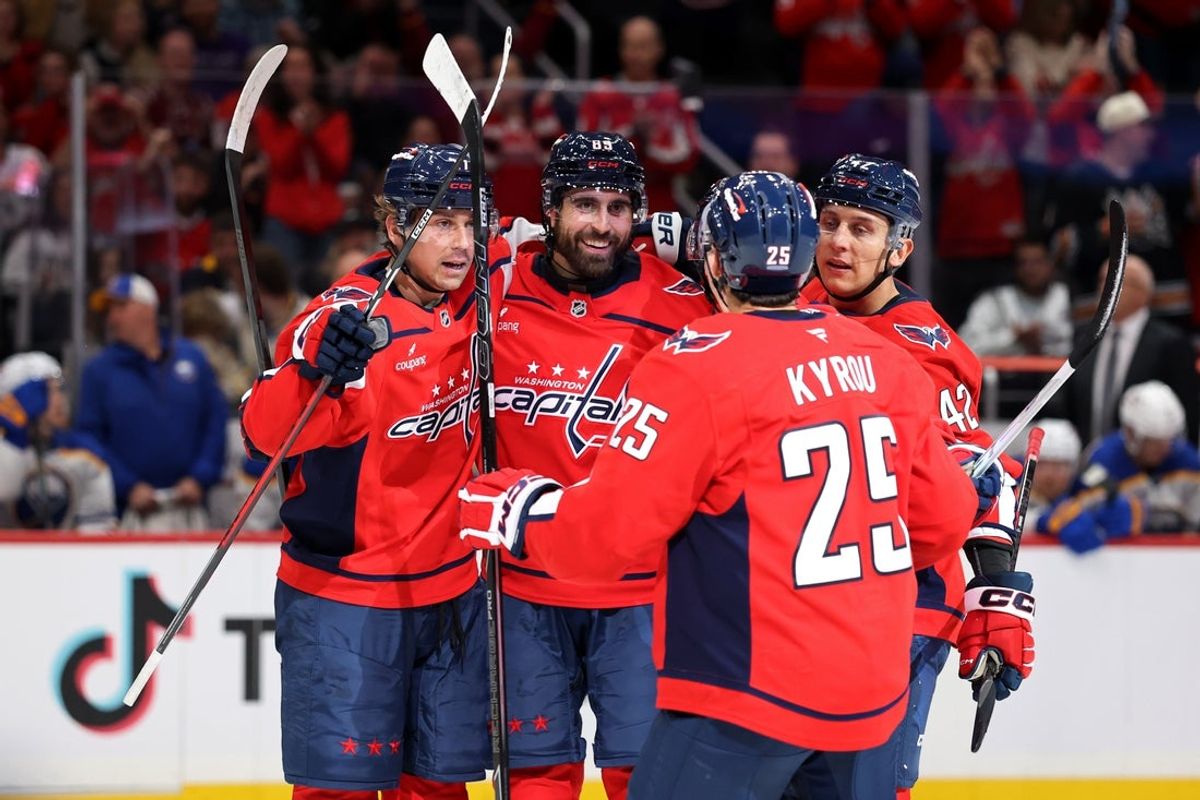 Oct 24, 2026; Washington, District of Columbia, USA; Washington Capitals right wing Alex Tuch (89) celebrates with teammates after scoring a goal against the Buffalo Sabres during the first period at Capital One Arena. Mandatory Credit: Geoff Burke-Imagn Images