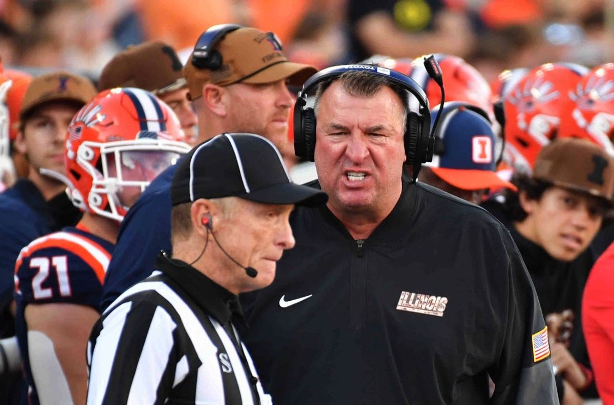 Oct 24, 2026; Champaign, Illinois, USA;  Illinois Fighting Illini head coach Bret Bielema reacts during the second half against the Oregon Ducks at Gies Memorial Stadium.  Mandatory Credit: Ron Johnson-Imagn Images