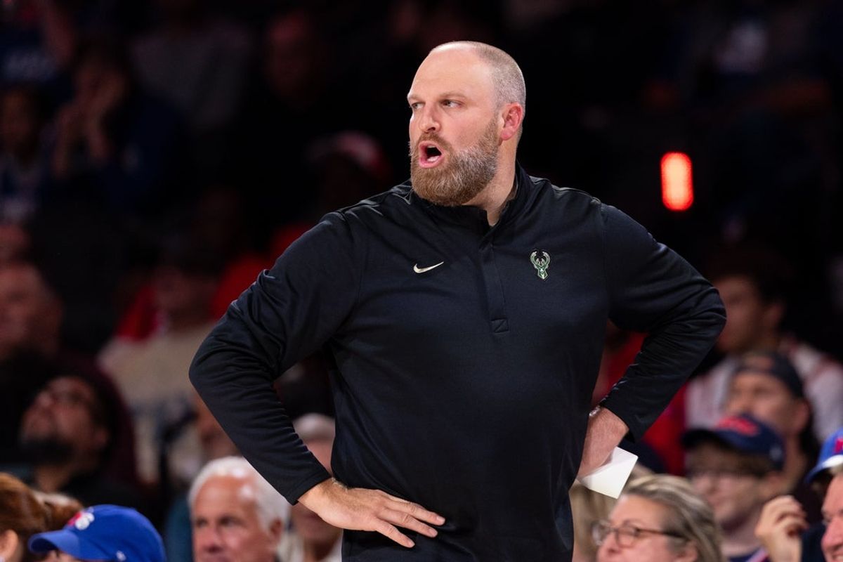 Oct 24, 2026; Philadelphia, Pennsylvania, USA; Milwaukee Bucks head coach Taylor Jenkins reacts during the first quarter against the Philadelphia 76ers at Xfinity Mobile Arena. Mandatory Credit: Bill Streicher-Imagn Images