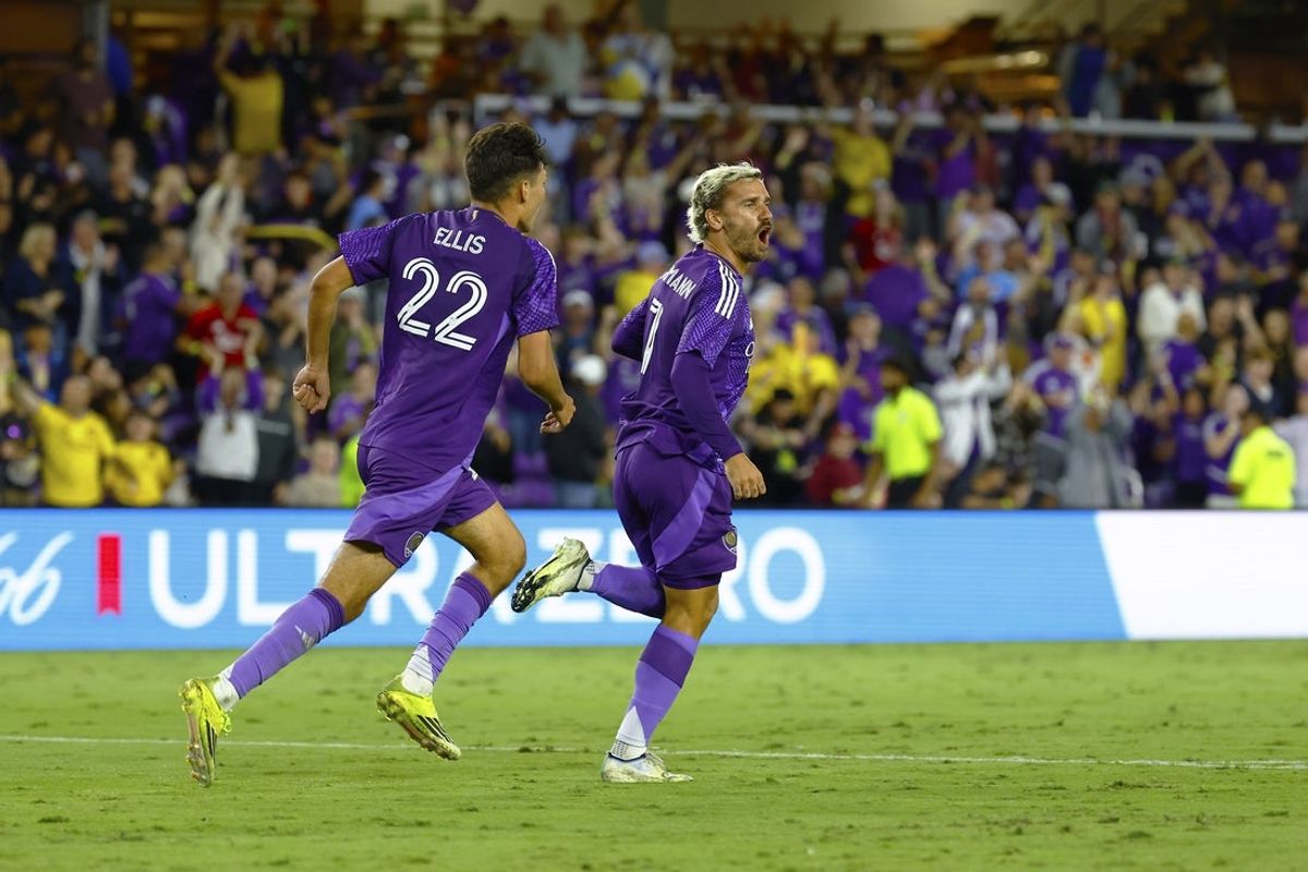 Oct 24, 2026; Orlando, Florida, USA;  Orlando City SC forward Antoine Griezmann (7) celebrates a first half goal against New York City FC at Inter&Co Stadium.  Mandatory Credit: Russell Lansford-Imagn Images