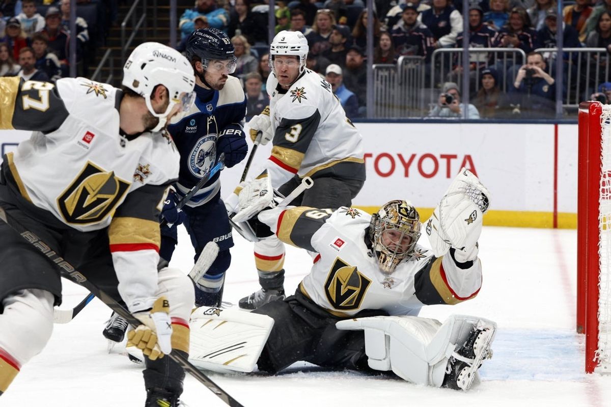 Oct 24, 2026; Columbus, Ohio, USA;  Vegas Golden Knights goalie Carter Hart (79) makes a glove save against Columbus Blue Jackets during the second period at Nationwide Arena.  Mandatory Credit: Russell LaBounty-Imagn Images