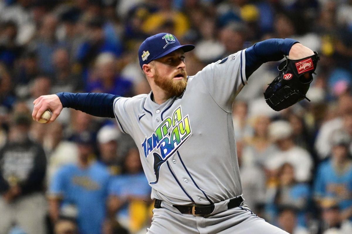 Tampa Bay Rays starting pitcher Drew Rasmussen (57) throws a pitch against the Milwaukee Brewers during the second inning in game two of the 2026 World Series at American Family Field.