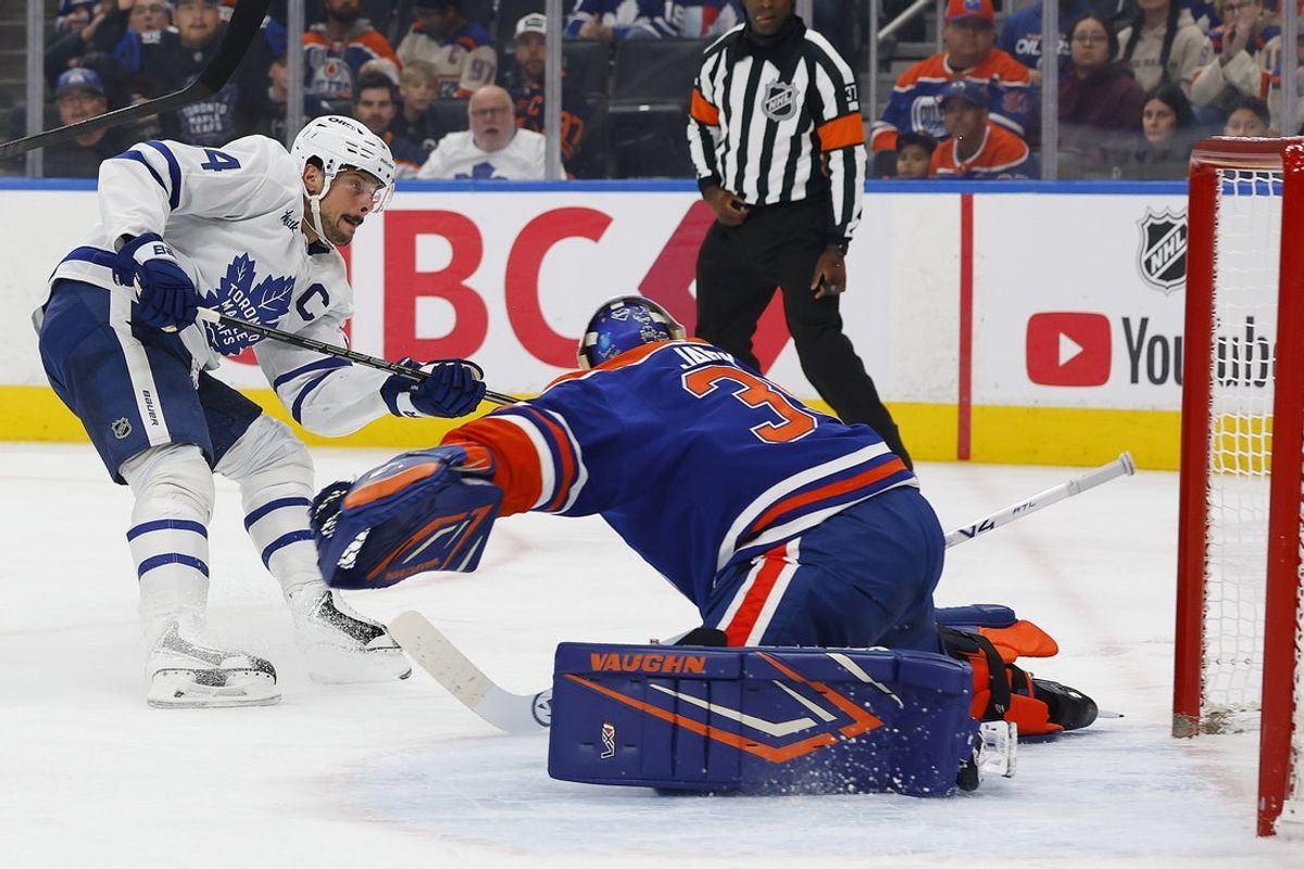 Oct 24, 2026; Edmonton, Alberta, CAN;  Toronto Maple Leafs forward Auston Matthews (34) scores a goal during the second period against Edmonton Oilers goaltender Tristan Jarry (35) at Rogers Place.  Mandatory Credit: Perry Nelson-Imagn Images