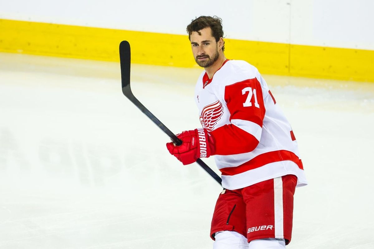 Oct 24, 2026; Calgary, Alberta, CAN; Detroit Red Wings center Dylan Larkin (71) skates during the warmup period against the Calgary Flames at Scotiabank Saddledome. Mandatory Credit: Sergei Belski-Imagn Images