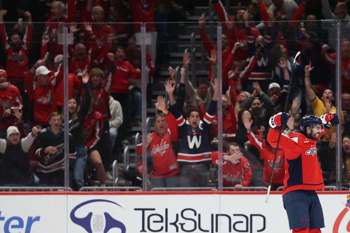 Oct 24, 2026; Washington, District of Columbia, USA; Washington Capitals right wing Alex Tuch (89) celebrates after scoring the game winning overtime goal against the Buffalo Sabres at Capital One Arena. Mandatory Credit: Geoff Burke-Imagn Images