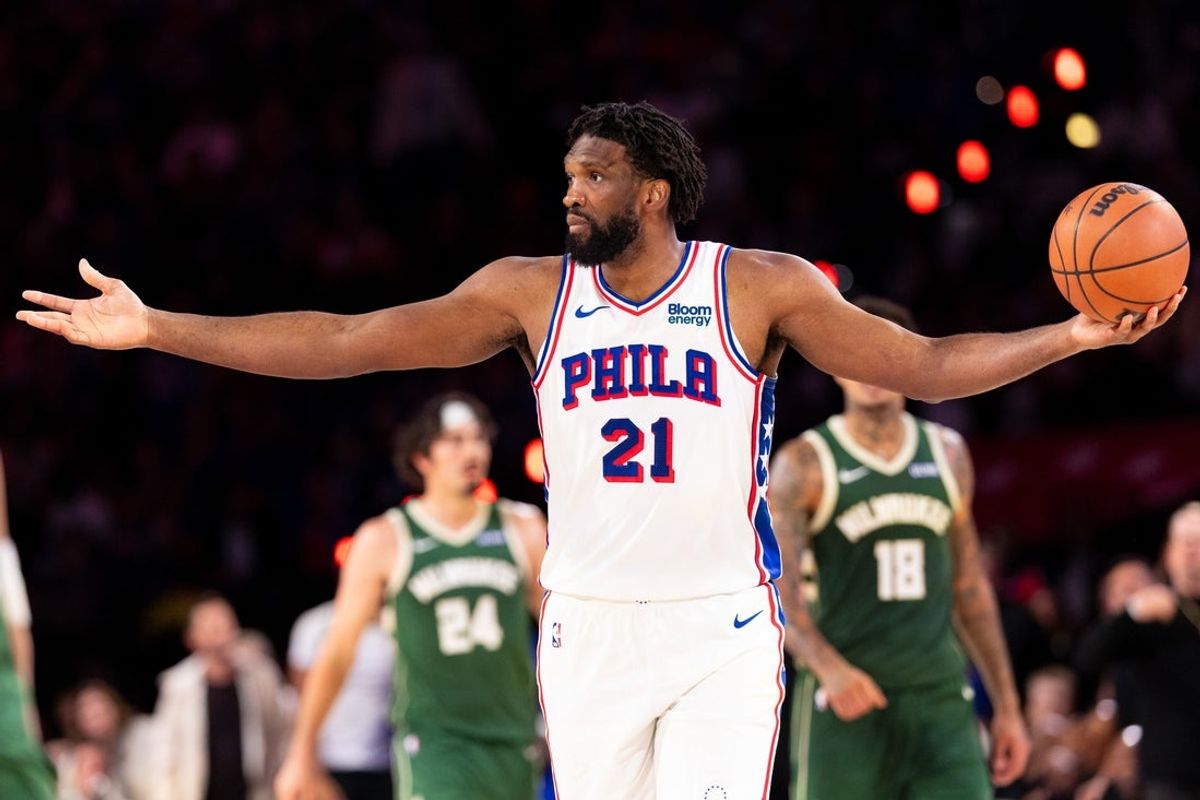 Oct 24, 2026; Philadelphia, Pennsylvania, USA; Philadelphia 76ers center Joel Embiid (21) reacts after a play against the Milwaukee Bucks during the fourth quarter at Xfinity Mobile Arena. Mandatory Credit: Bill Streicher-Imagn Images