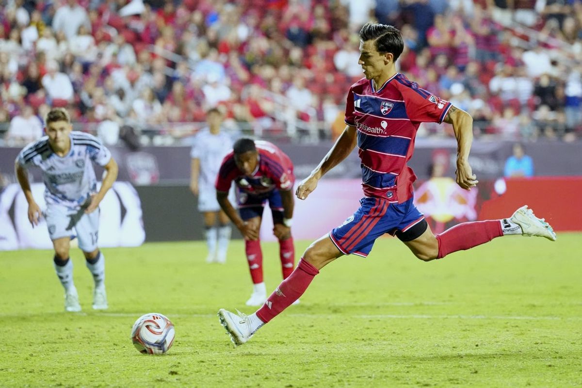 Oct 24, 2026; Frisco, Texas, USA;  FC Dallas forward Petar Musa (9) takes a penalty kick in the second half against the San Jose Earthquakes at Toyota Stadium.  Mandatory Credit: Daniel Jefferson-Imagn Images