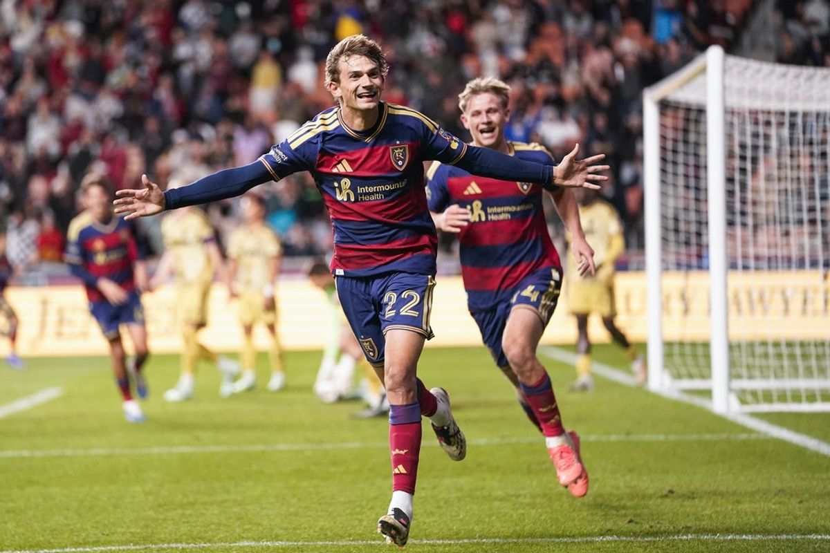 Oct 24, 2026; Sandy, Utah, USA;  Real Salt Lake forward Sergi Solans (22) celebrates a first half goal against St. Louis City FC at America First Field.  Mandatory Credit: Aaron Baker-Imagn Images