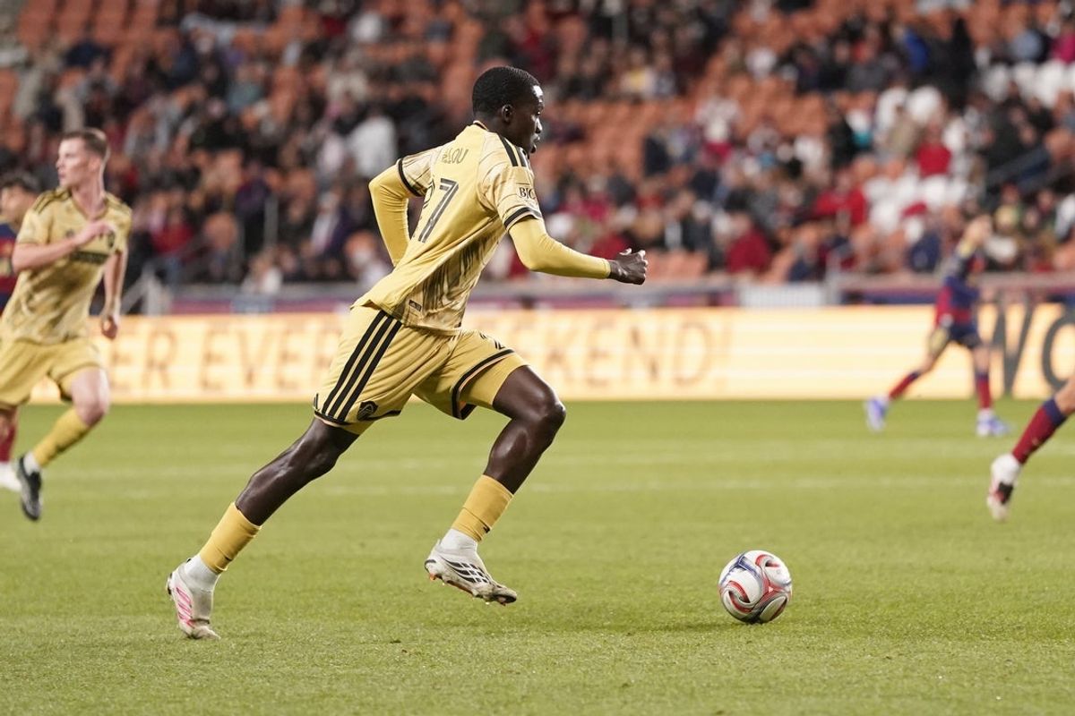Oct 24, 2026; Sandy, Utah, USA;  St. Louis City FC midfielder Fallou Fall (27) plays the ball in the first half against Real Salt Lake at America First Field.  Mandatory Credit: Aaron Baker-Imagn Images