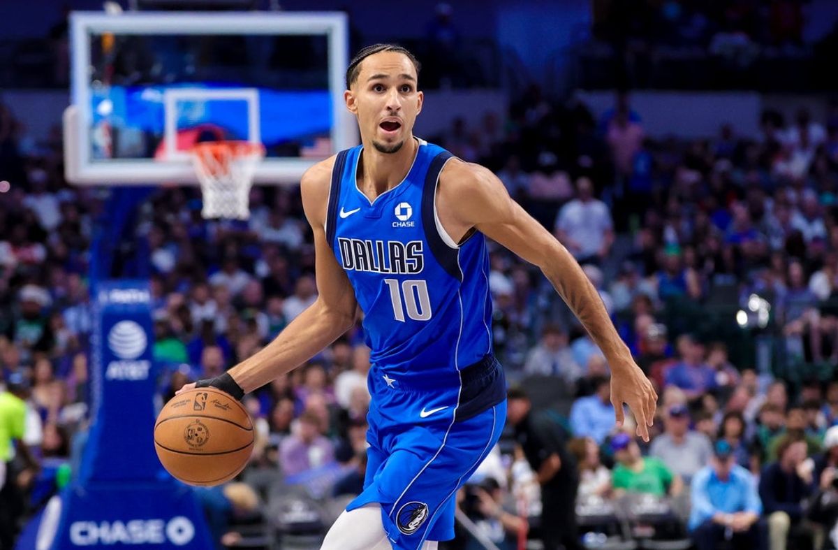 Oct 24, 2026; Dallas, Texas, USA;  Dallas Mavericks forward Zaccharie Risacher (10) dribbles during the third quarter against the San Antonio Spurs at American Airlines Center. Mandatory Credit: Kevin Jairaj-Imagn Images