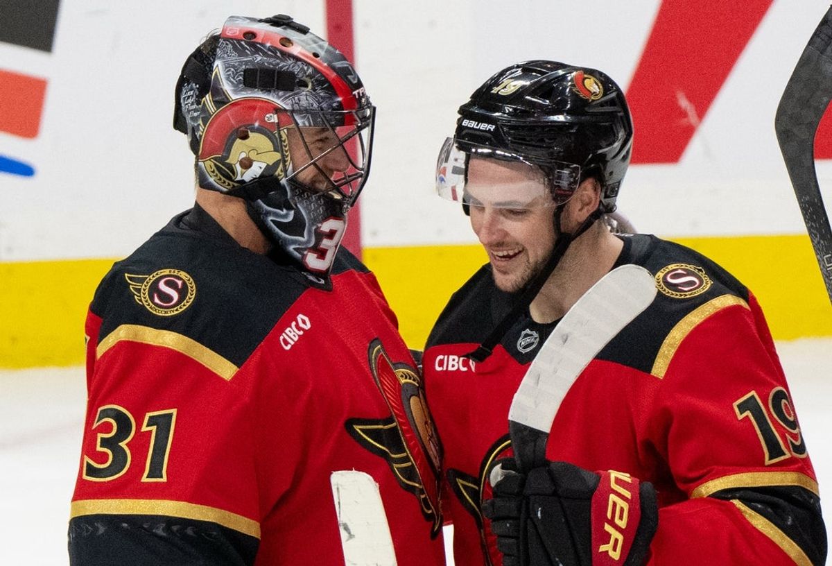 Oct 24, 2026; Ottawa, Ontario, CAN;  Ottawa Senators goalie Jonas Johansson (31) and right wing Drake Batherson (19) celebrate a win against the New York Rangers at the Canadian Tire Centre.  Mandatory Credit: Marc DesRosiers-Imagn